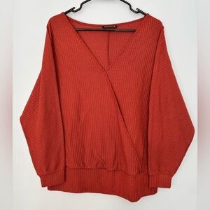 BloomChic Waffle Knit Top Women’s Size 12 Burnt Orange Red Faux Wrap Stretchy